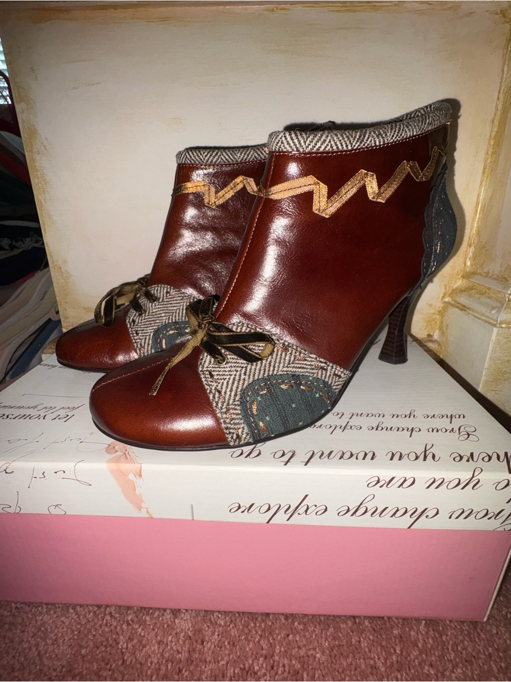 Women's Brown Leather & Tweed Lace-Up Ankle Boots